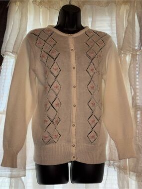 VTG coquette Cream Floral Knit Cardigan Sweater